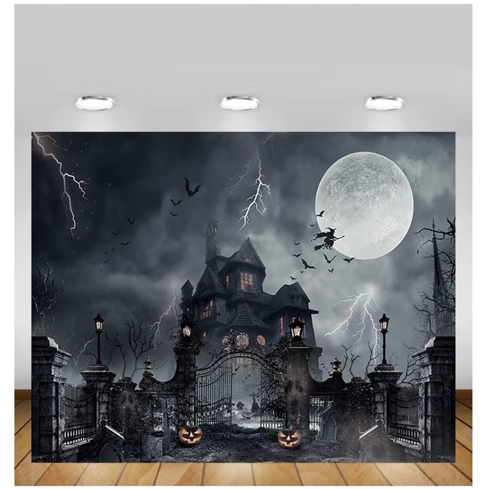 Haunted House Moon Night Gates Backdrop, 8 x 6,Grey Scary Cemetery Pumpkin - Picture 4 of 4